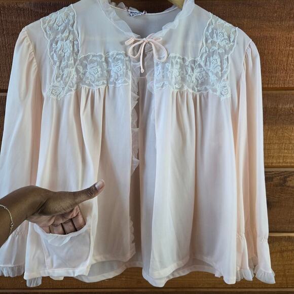 Wonder Maid Vintage 50s Peach Embroidered Lace Ruffle Bed Jacket Coquette Boho - Picture 3 of 12